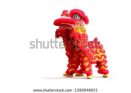 Chinese New Year lion dance celebration over white background