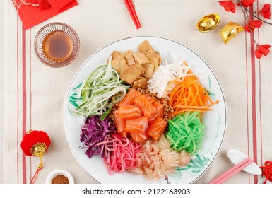 Chinese New Year Lou Sang Yusheng Traditional Food Celebration for Blessing on Chinese New Year or Lantern Festival, Top View 