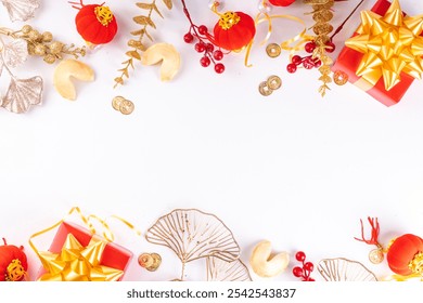 Chinese New Year on white background. Lunar New Year  greeting card with traditional festival decoration - ginkgo biloba, golden twigs, gift boxes, red berries, gift envelopes, coins, chinese lanterns - Powered by Shutterstock