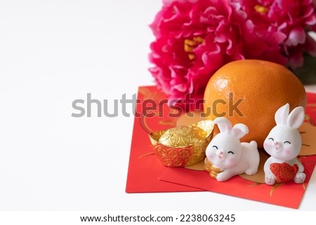 Chinese New Year of the rabbit festival concept. Mandarin orange, red envelopes, two rabbits and gold ingot decorated with plum blossom on white background. 