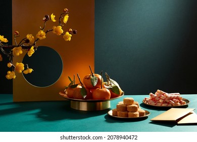 Chinese new year with red pocket teapot and biscuit jam with a gold wall in blue background for Tet holiday advertising , front view , holiday content