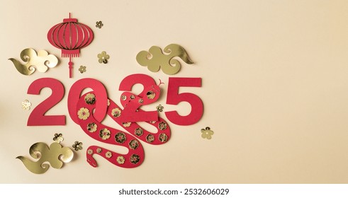 Chinese new year, year of the snake, year 2025 with snake in red and gold colors. - Powered by Shutterstock