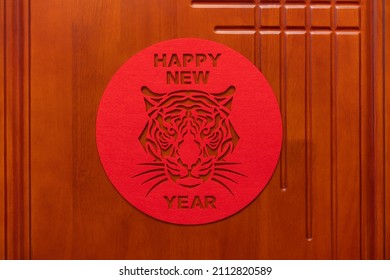 Chinese New Year of tiger 2022 mascot to the door translation of the Chinese is happy new tiger year no logo no trademark