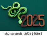 Chinese New Year. A vibrant green snake intertwined with the wooden numerals 2025