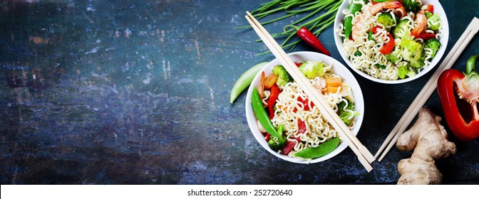 Chinese Noodles With Vegetables And Shrimps. Food Background