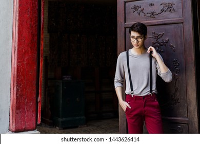 Chinese Pagoda, Vietnam, June 30 2019: Portrait Of A Young Handsome Man, Model Of Fashion, Wearing T-shirt, Jacket Or Shirt, Hoodie Or Sweatshirt, Long Sleeves, Jeans Or Khaki, Professional Model