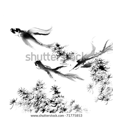 Chinese painting of goldfish on white background.