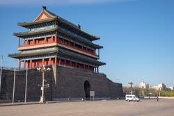 Chinese Police Van In Front Of Gate Of Heavenly Peace In Tiananmen Square During Sunny Day, Beijing, China, Asia