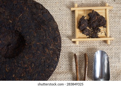 Chinese Puer tea pressed into rounded briquettes. Yunnan province China