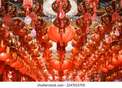 Chinese red Lanterns in temple, happy Lunar New Year holiday. Chinese sentence means happiness, healthy, Lucky and Wealthy