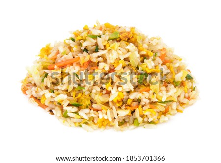 Chinese rice with mixed vegetables and scrambled eggs omelette. Cantonese rice isolated on white. Typical dish from chinese restaurant or take away, delicious and nutritious  plate for a meal or lunch
