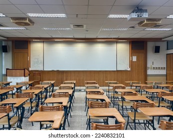 Chinese school - Clean large classroom with brown desks, whiteboards, lecture tables
