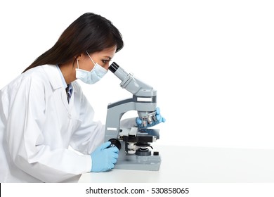 Chinese scientist woman with microscope.