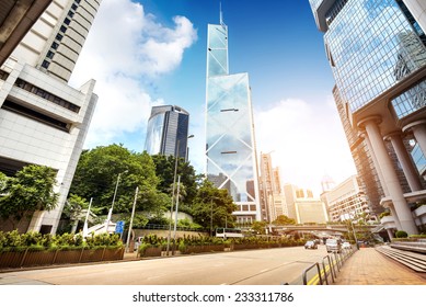 Chinese Streets Of Hong Kong Steady Stream Of Cars And Skyscrapers