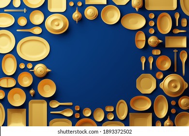 Chinese tableware bowl, cup, pot, teapot, chopstick, plate and dish 3D rendering multiple gold color, Food asian culture concept design on blue background with copy space