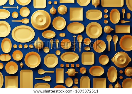 Chinese tableware bowl, cup, pot, teapot, chopstick, plate and dish 3D rendering multiple gold color, Food asian culture concept design on blue background