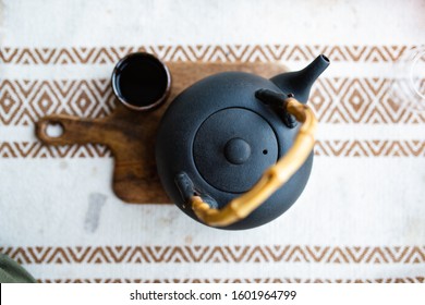 Chinese Tea Ceremony. Antique Oriental Teapot On A Wooden Board. Traditional Asian Tea Set. Tea Party Tea Time. Beautiful Teapot Chinese Teapot. Eastern Culture. Taiwan. View From Above.