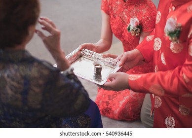 Chinese Tea Ceremony Cups In Wedding Day. Selective Focus