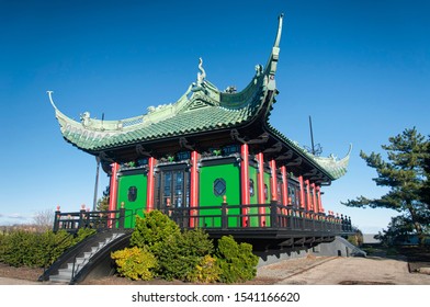 The Chinese Tea House Overlooking The Atlantic Ocean At The Marble House In Newport Rhode Island In Autumn.