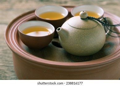 chinese tea set on wooden,Closeup.