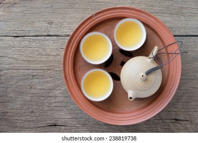 Chinese Tea Set On Wooden,top View Closeup.