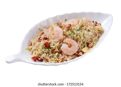 Chinese Traditional Cuisine, Fried Rice With Seafood And Meat. Yang Zhou Fried Rice. Isolated On White.