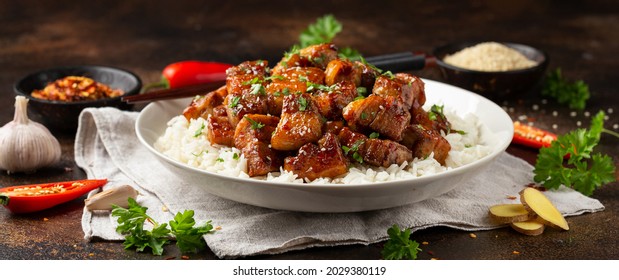 Chinese Traditional Cuisine Sticky Braised Pork Belly With Rice On White Plate