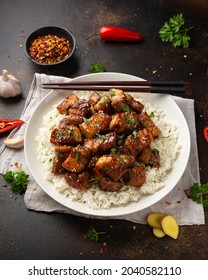 Chinese Traditional Cuisine Sticky Braised Pork Belly With Rice On White Plate.