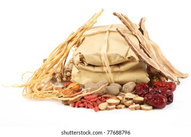 Chinese Traditional Herbs Or Medicine Isolated On White Background.