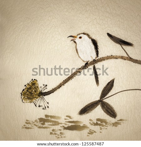 Chinese traditional ink painting with birds and flowers on yellow old canvas.