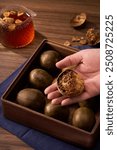 Chinese traditional medicine monk fruit, wooden background atmosphere