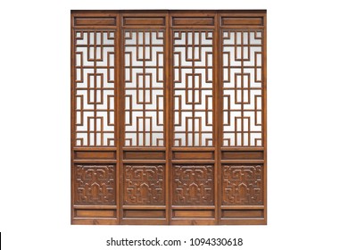 Chinese Traditional Style Wooden Door On Isolated White Background