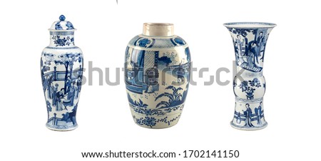 Chinese vases with blue decor on a white background