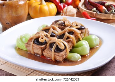 Chinese Vegetarian Food. Fried Tofu With Mushroom And Chinese Mustard 