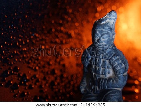 
Chinese warrior clay statue vintage selective focus				