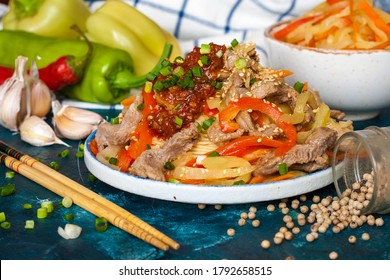 Chinese Watermelon Rind Stir Fry With Pork Carrot Chilli Pepper Blue Background 