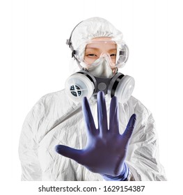 Chinese Woman Wearing Hazmat Suit, Protective Gas Mask And Goggles Isolated On White.