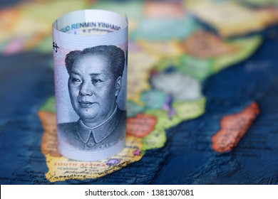 Chinese Yuan On The Map Of Africa Continent. Trading Between China And African Countries, Tourism, Economy And Investment