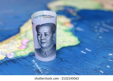 Chinese Yuan On The Map Of South America. Trading Between China And Latin American Countries, Economy And Investment