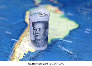 Chinese Yuan On The Map Of South America. Trading Between China And Latin American Countries, Economy And Investment