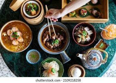 Chinese Yumcha Dimsum Set In Bamboo Containerr, Chinese Cuisine , Top View