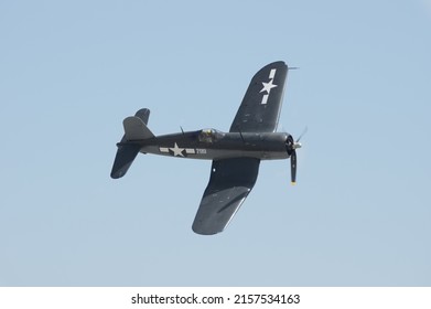 Chino Airport, CA, USA - May 1, 2016: image of Vought F4U Corsair with registration NX83782 shown flying. The Corsair is an American aircraft that saw service in World War II and the Korean war.