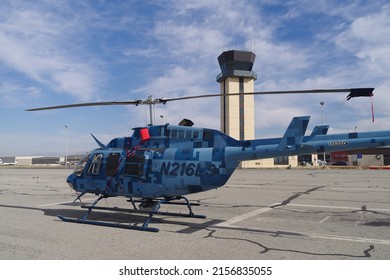 Chino Airport, California, USA - May 14, 2022: Bell 206L-3 LongRanger Helicopter With Registration N216LS Shown On The Apron. This Helicopter Is Equipped With LiDAR Sensors To Scan For Methane Leaks.