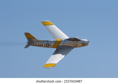 Chino Airport, California, USA - May 3, 2015: Image Of North American F-86F Sabre 'Jolley Rogers' Shown Flying.