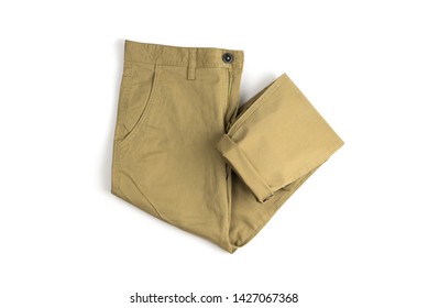 Chino Pants Isolated On White Background, Khaki Color.