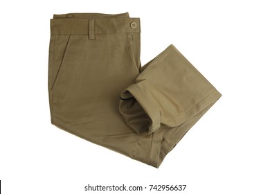 Chino Pants Isolated On White Background, Khaki Color.