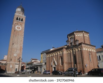 Chioggia, Cathedral Of Santa Maria Bell Tower In Romanesque Style With Zuanne Miller Clock