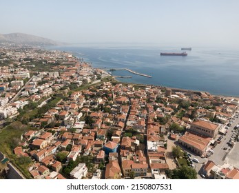 Chios chora port. Bird eye view of Chios greek island. Panoramic drone shot - Shutterstock ID 2150807531