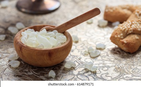 Chios Mastic Resin Tears, Gum In A Wooden Bowl On An Old Silver Tray