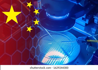 Chip Assembly Machine On The Background Of The Flag Of China. Development Of Semiconductor Equipment In China. Chinese Radio-electronic Industry. Production Of Printed Circuit Boards In China.